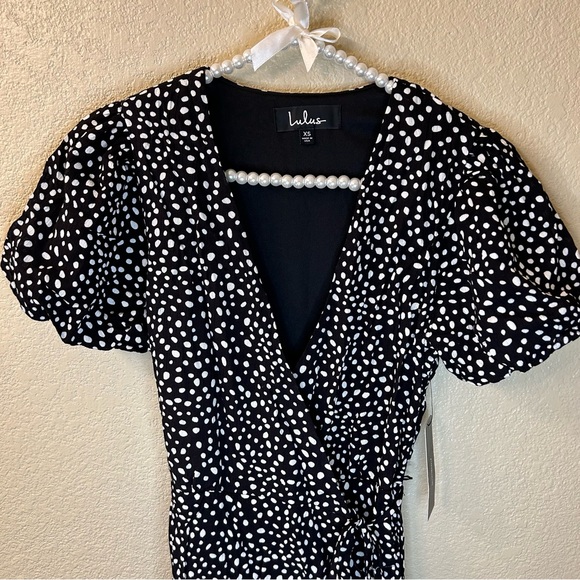 Lulu’s Your Favorite One Black Dot Print Puff Sleeve Wrap Mini Dress - Picture 6 of 9